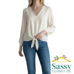 Vince Camuto Ivory Blouson Sleeve V‑Neck Tie Hem Top NWT Sz M